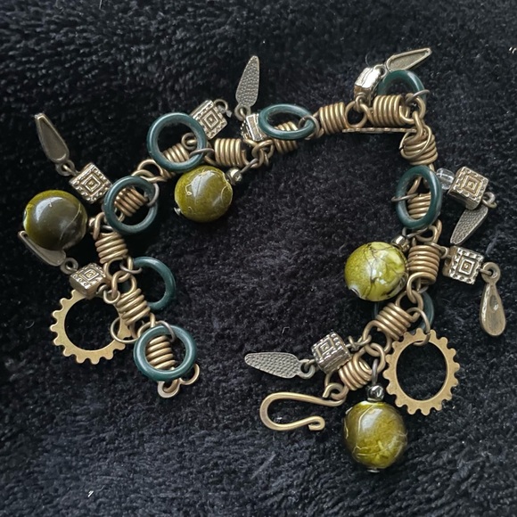 Steampunk Charm Bracelet with Gears, Green Beads, and Teal Accents - Picture 2 of 4